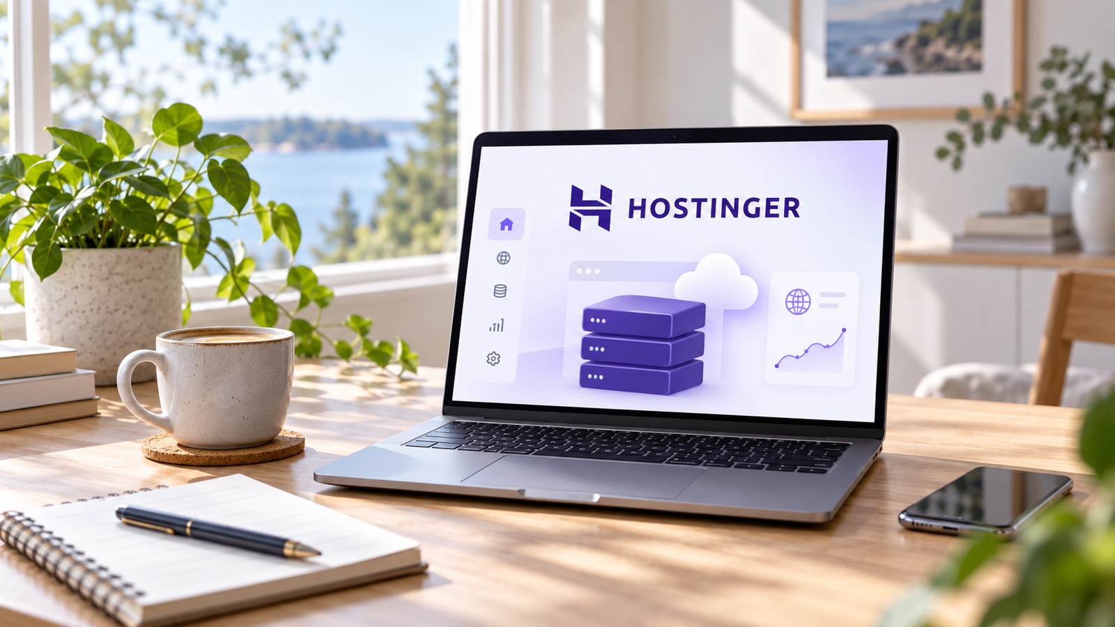 Bild på laptop med Hostingers logotyp på skärmen. För Sajtlabbets Hostinger recension.