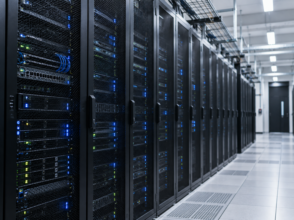 Modernt serverrum med blå LED-ljus