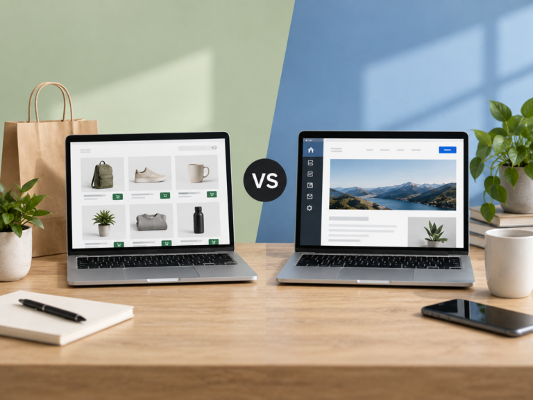 Shopify eller wordpress? Bild på två laptops.