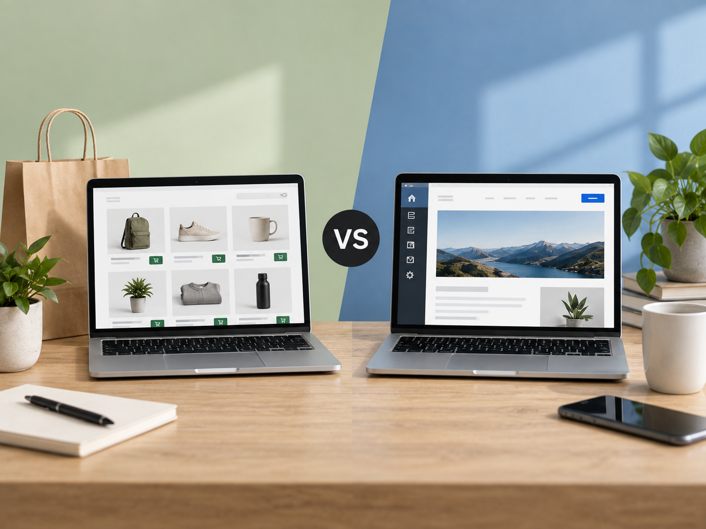 Shopify eller wordpress? Bild på två laptops.